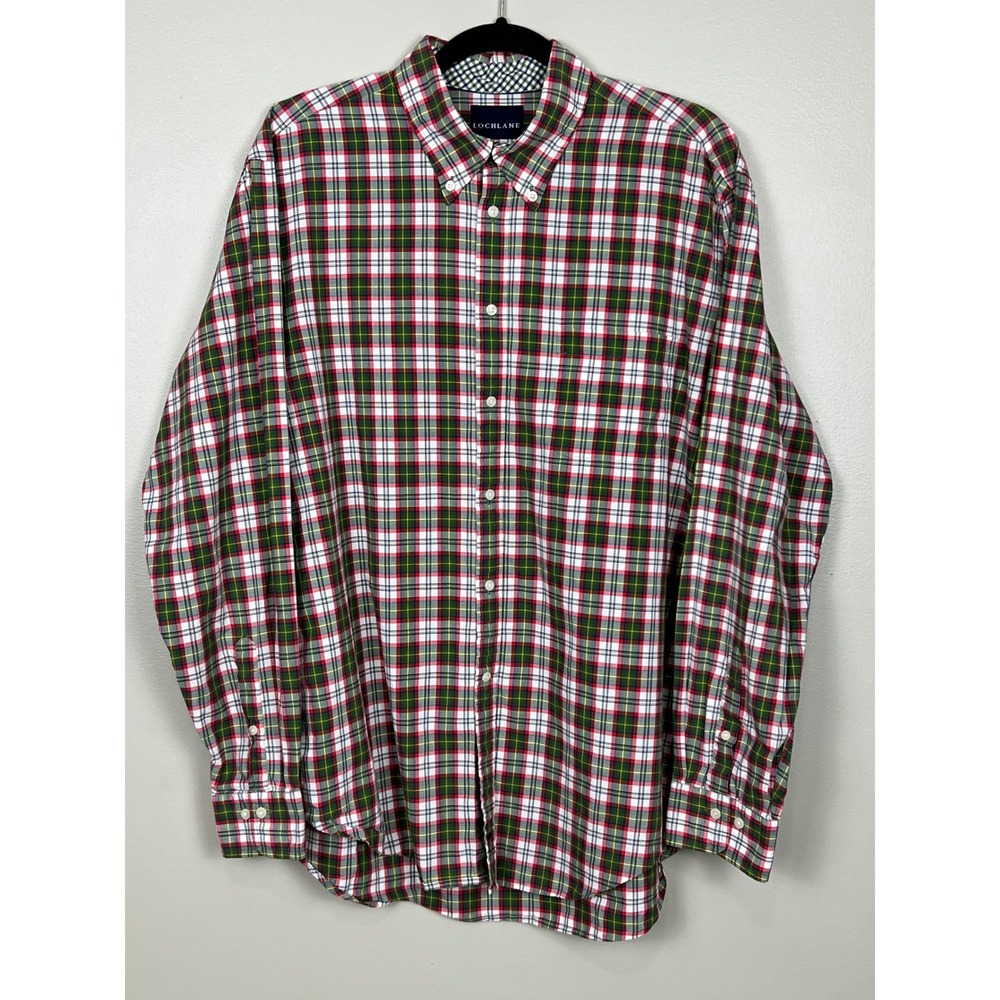 Lochlane Mens XL Red Green Plaid Cotton Button Down Shirt Long Sleeve Crest Logo